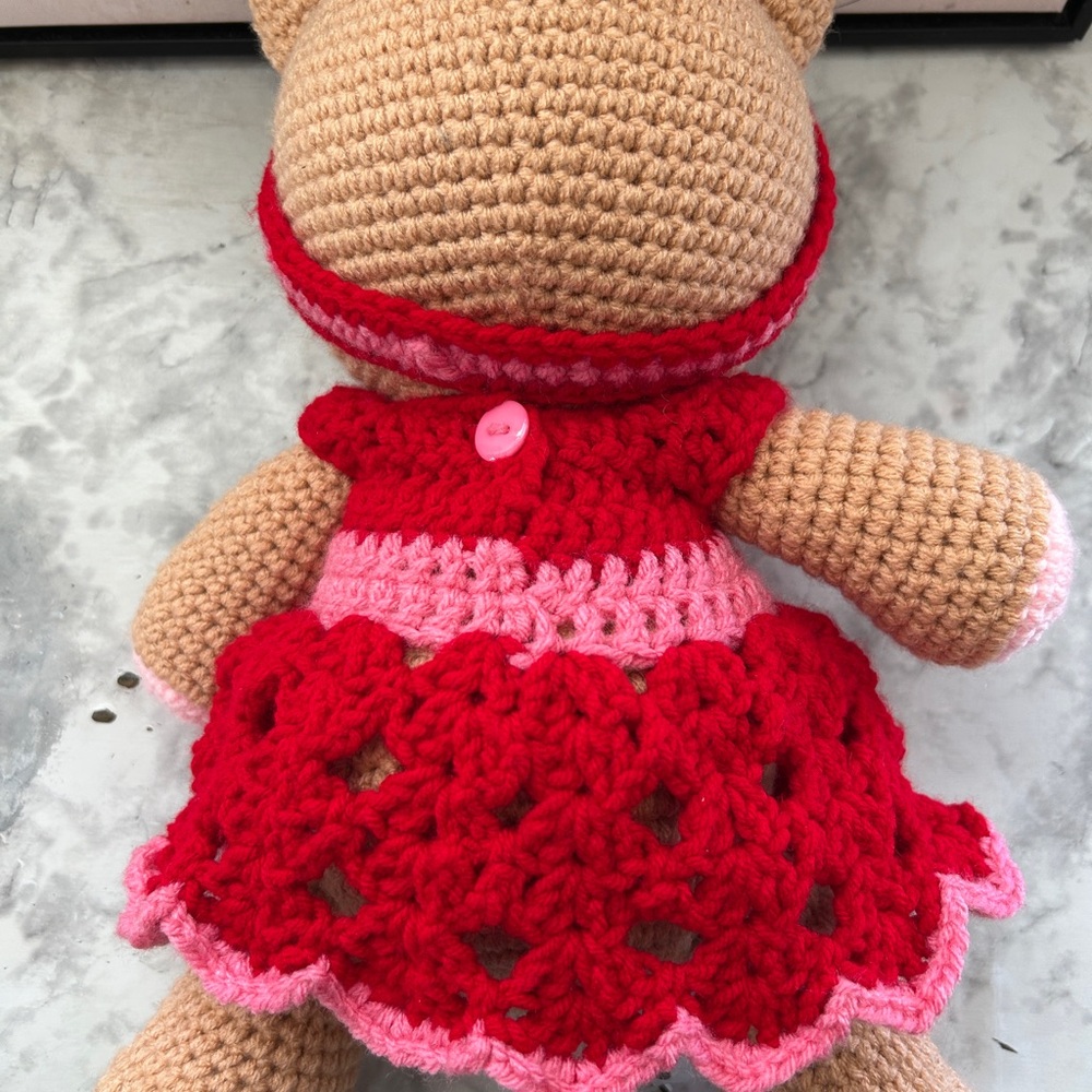 Crochet Teddy Bear with Red Dress- Handmade - Picture 4 of 4